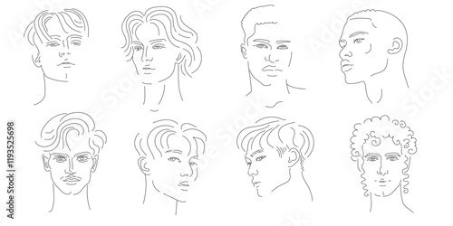 A collection of isolated vector line-drawn male portraits featuring diverse ethnic backgrounds, including East Asian, South Asian, Middle Eastern, African, European, and Mediterranean features