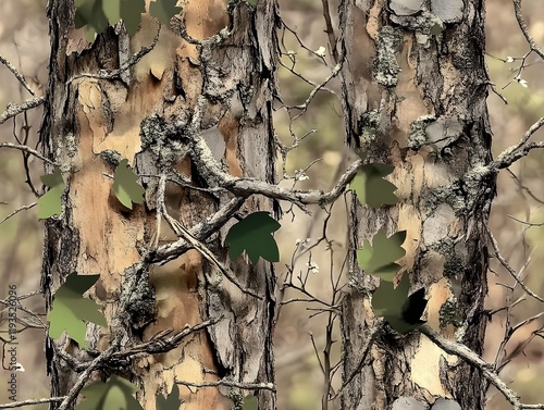 A camouflage pattern made of real tree branches and green leaves, with an American-style camo design for hunting in the woods. The background is a close-up of a pine forest with brown bark and small 