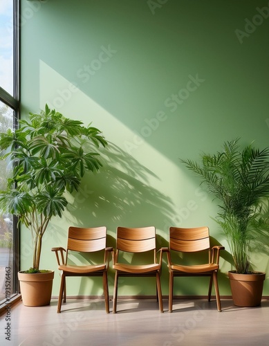 Generated image Bright, modern and stylish waiting room in green office. Wooden chairs arranged for job interview