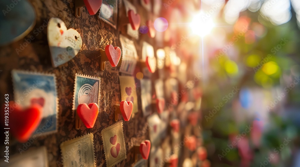 Naklejka premium Valentine-Themed Stamps with Red Heart Pins on a Corkboard Under Warm Sunlight