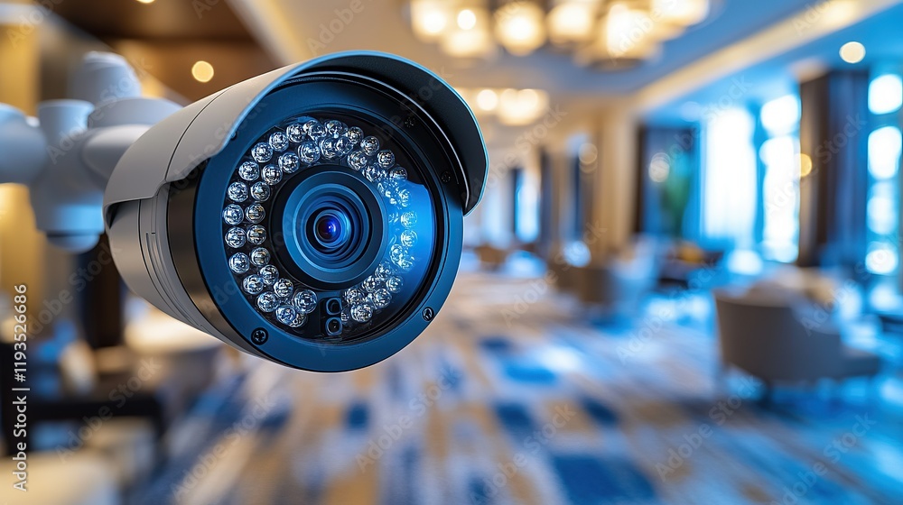 Fototapeta premium Security Camera Monitors Luxurious Hotel Lobby Area