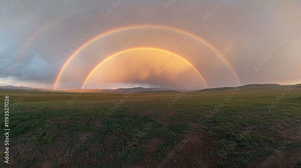 Double Rainbow Arcs Over Grassland and Distant Mountains Double Rainbow Arcs Over Grassland and Distant Mountains