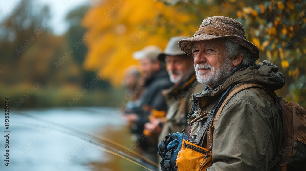Naklejka premium Elderly friends fishing together by a serene river during autumn foliage