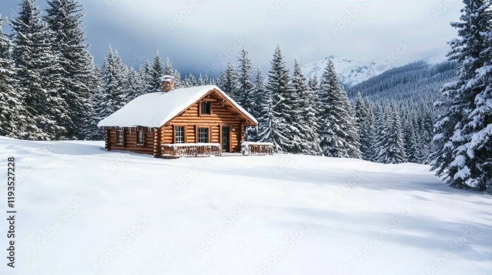 Naklejka premium A cozy winter cabin nestled among snow-covered pine trees, Winter scene, Cozy style
