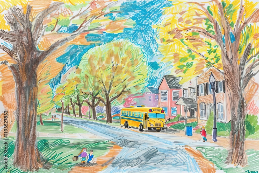 Obraz premium A colorful autumn scene featuring a school bus on a tree-lined street with children playing.