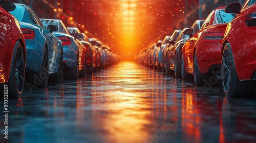 a row of freshly manufactured vehicles at the parking lot
