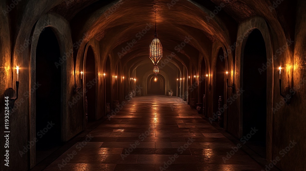 Fototapeta premium Dark Archway Hallway Lit By Candles And A Lantern