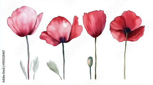 Watercolor set of red poppies flowers isolated on white background