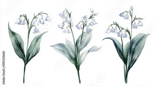 Watercolor set of white lily of the valley flowers isolated on white background