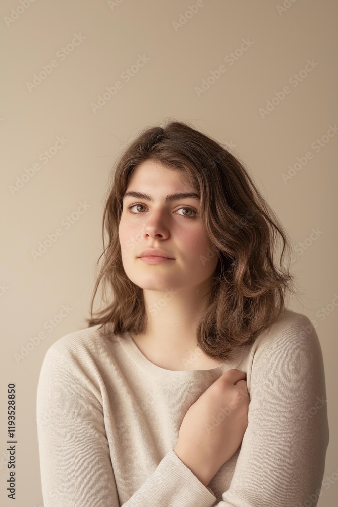 Young woman with soft expression posing in beige background Young woman with soft expression posing in beige background