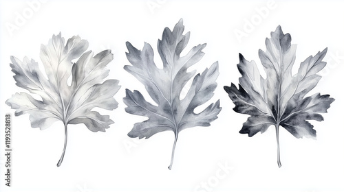 Watercolor set of silver dusty miller leaves isolated on white background
