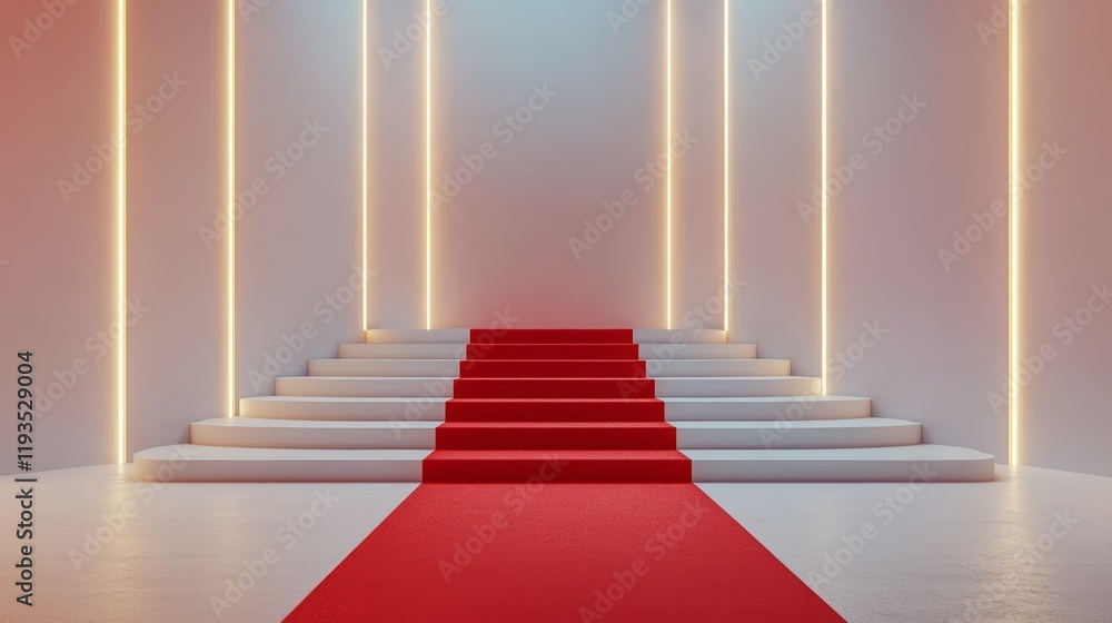 Obraz premium A minimalistic illustration featuring an elegant red carpet leading up a set of white stairs, illuminated by soft, vertical lights