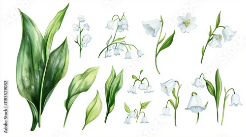 Watercolor set of white lily of the valley flowers isolated on white background