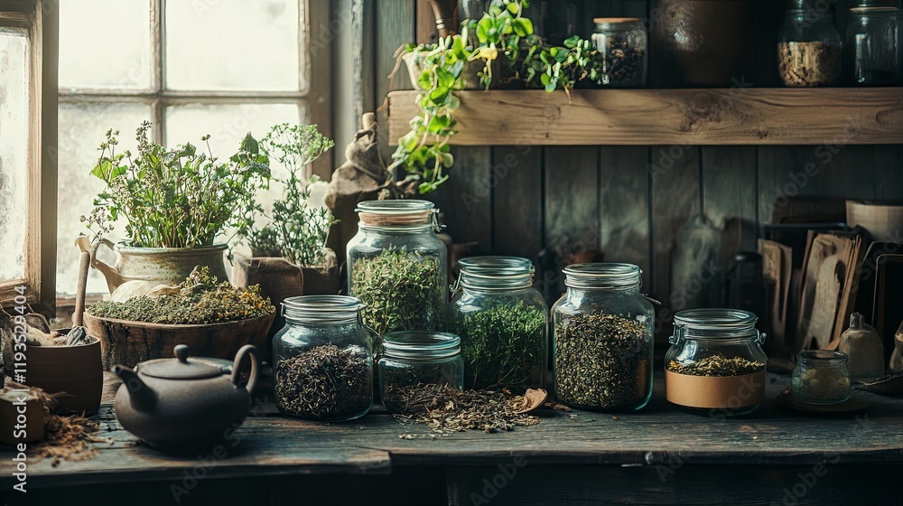 A rustic herbal tea blending setup with jars of dried herbs and a teapot A rustic herbal tea blending setup with jars of dried herbs and a teapot