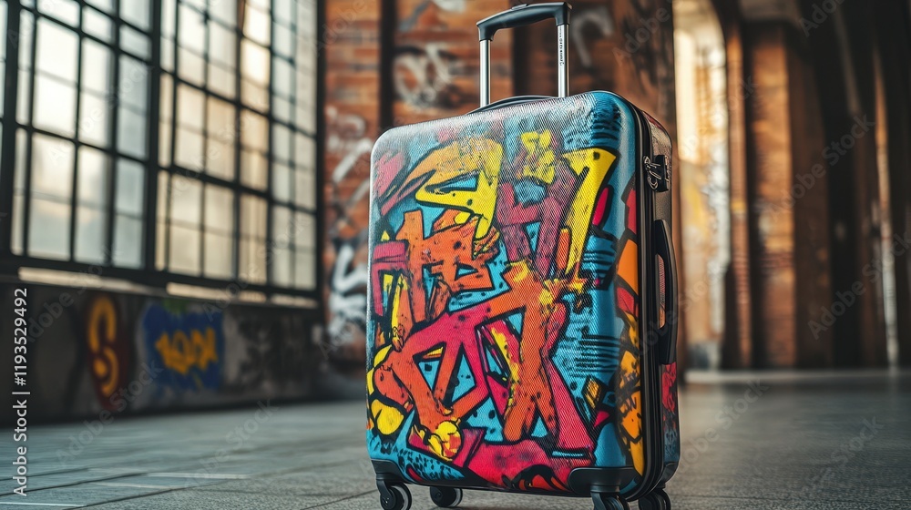 Fototapeta premium Vibrant Graffiti Suitcase Stands In Urban Setting