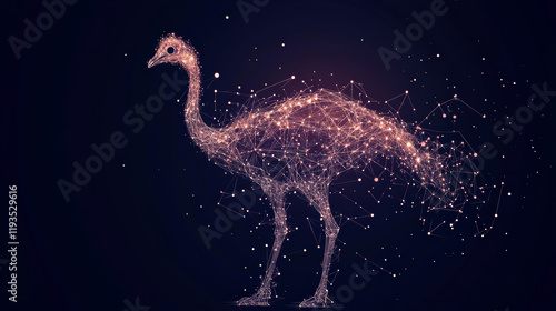 The ostrich consists of points, lines and triangles. The polygon shape in the form of a silhouette of an ostrich on a dark background Vector illustration photo