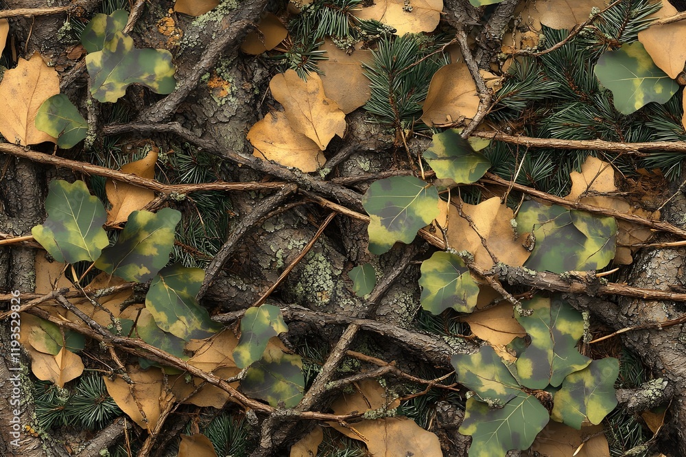 A camouflage pattern made of real tree branches and green leaves, with an American-style camo design for hunting in the woods. A camouflage pattern made of real tree branches and green leaves, with an American-style camo design for hunting in the woods.