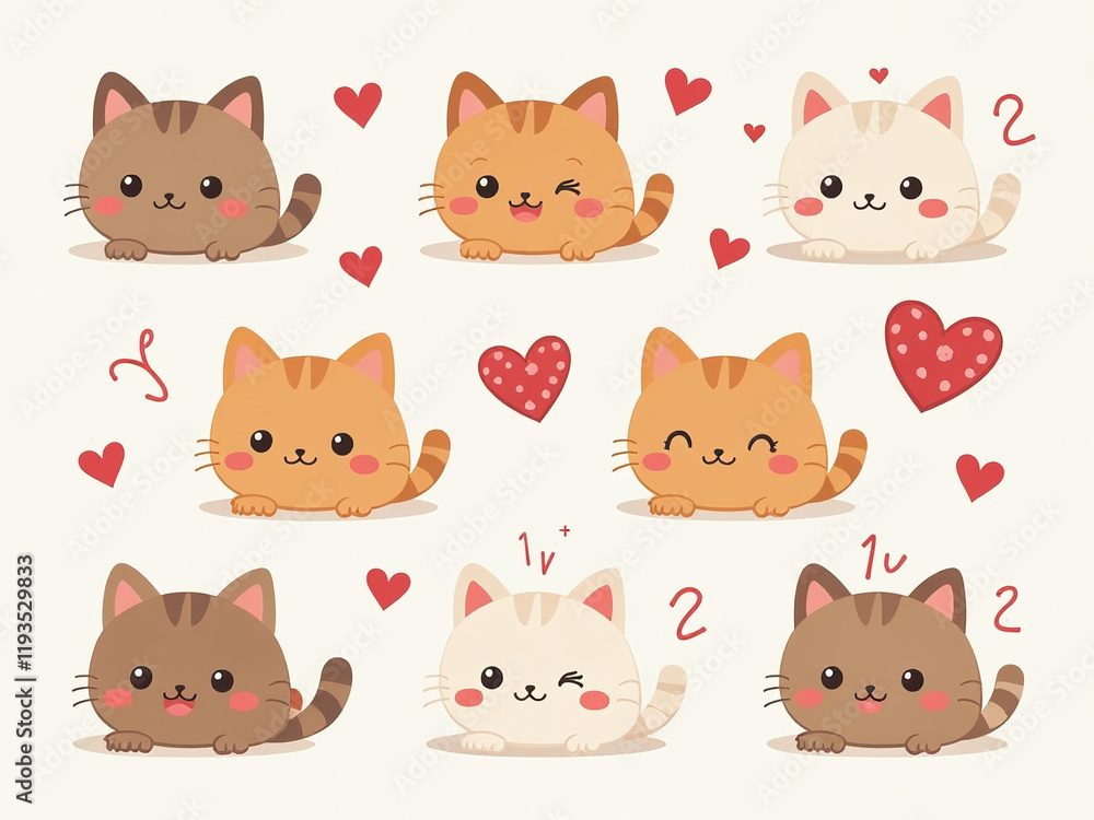 Fototapeta premium Counting Game With Cute Kawaii Cat Illustrations And Heart Squiggles Helps Kids Learn To Count During The Love Holiday Season. 00002