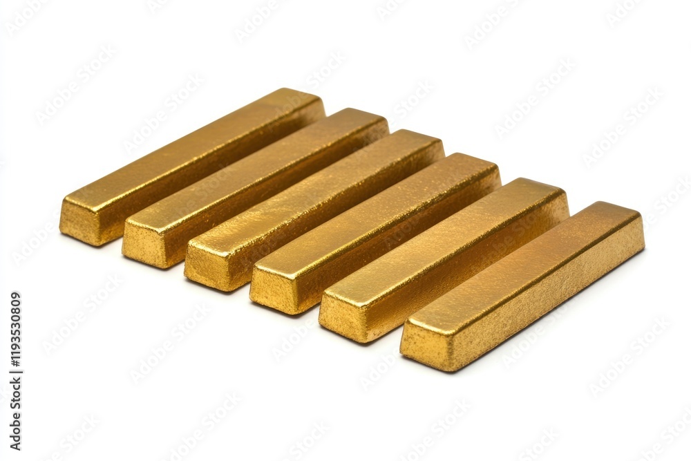 A series of gold bars arranged in a straight line on a clean surface, reflecting light and highlighting their polished surfaces in a well-lit setting