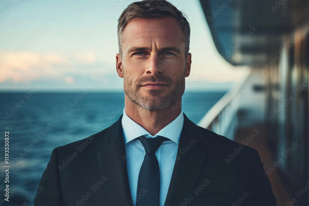 Ship Captain Stands Confidently on Deck Against a Backdrop of Ocean and Sky During Sunset Ship Captain Stands Confidently on Deck Against a Backdrop of Ocean and Sky During Sunset