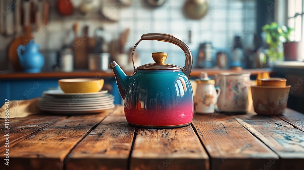 Colorful Kettle on Rustic Wooden Kitchen Table Colorful Kettle on Rustic Wooden Kitchen Table