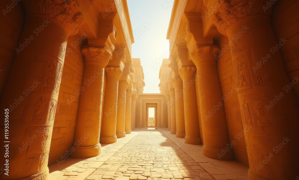 Ancient Egyptian temple corridor at sunrise Ancient Egyptian temple corridor at sunrise