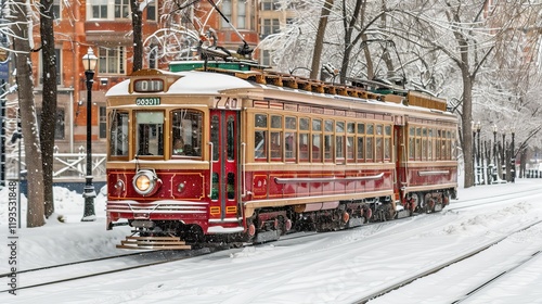 19th century tram journeying through snow covered tracks in a picturesque european cityscape