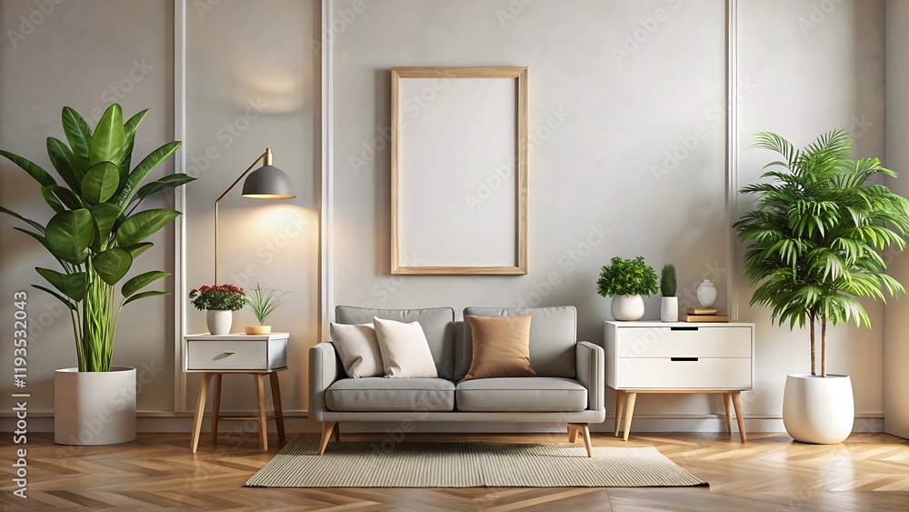 Fototapeta premium Modern home interior background, mock up poster wall, 3d render, white Mock up frame