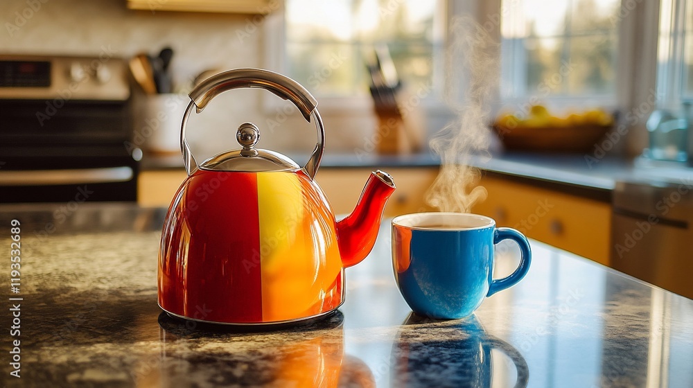 Red and yellow kettle with a steaming blue mug of tea Red and yellow kettle with a steaming blue mug of tea