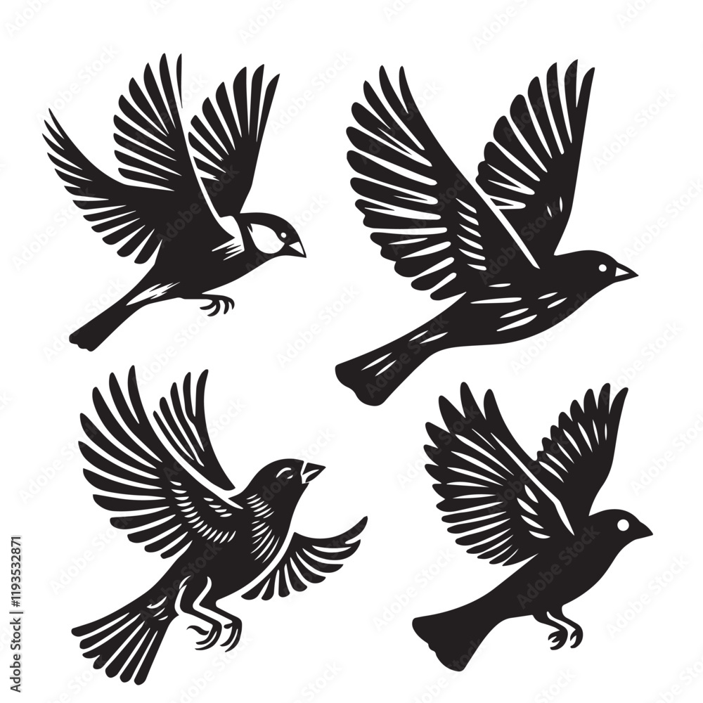 Obraz premium A minimalist, beautiful linocut illustration of a flying Grosbeak bird in silhouette. This black vector artwork captures the elegant form and graceful movement of the bird.