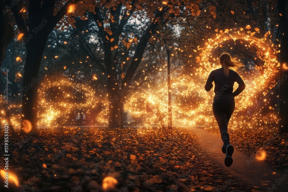 Runner moving through a glowing autumn park filled with swirling leaves and warm light Runner moving through a glowing autumn park filled with swirling leaves and warm light