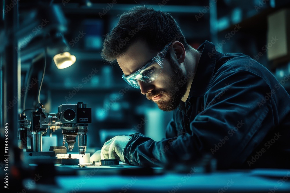 Skilled technician works diligently on precision mechanics in a dimly lit workshop Skilled technician works diligently on precision mechanics in a dimly lit workshop