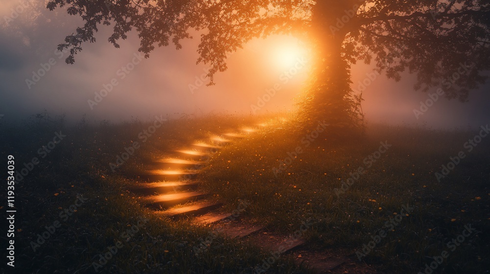 Illuminated Steps Leading Through Misty Field at Sunset Illuminated Steps Leading Through Misty Field at Sunset