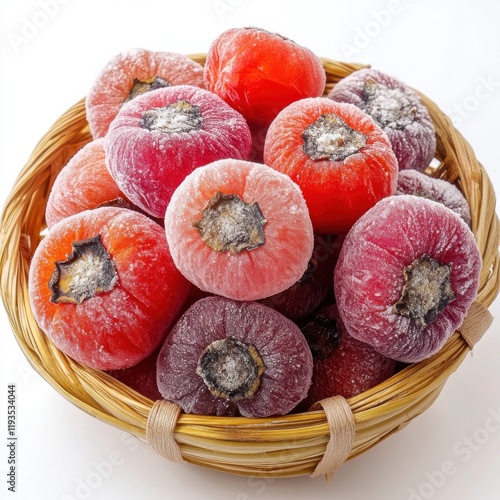 Colorful assortment of dried fruit in a woven basket showcasing vibrant textures and seasonal flavors photo