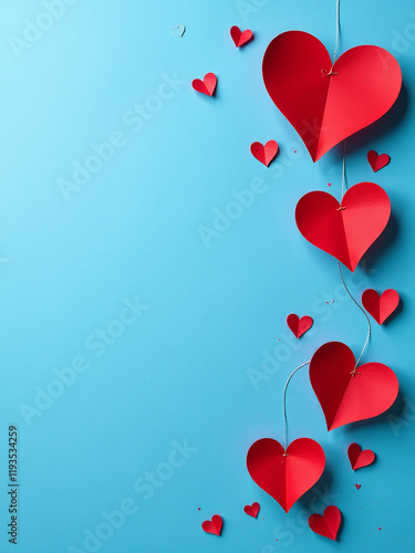 Red Paper Cut Heart Shapes Adorn A Blue Textured Background Leaving Space For Your Message, Suitable For Various Celebrations And Occasions. 00001