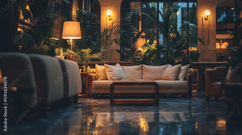Luxurious Lounge Area with Soft Lighting and Lush Greenery
