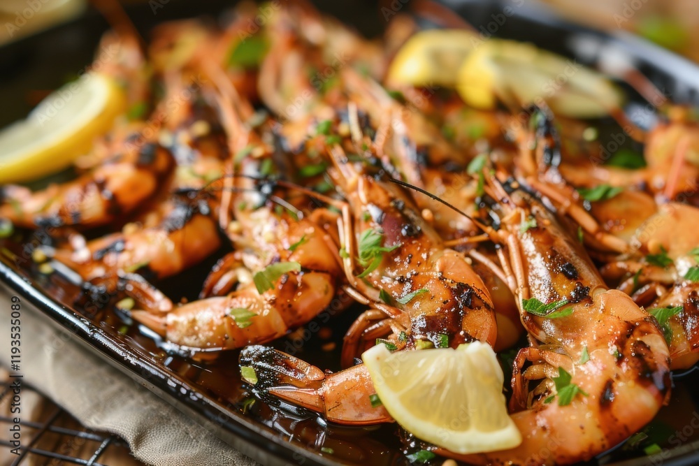 Grilled shrimp with lemon slices and fresh herbs displayed on a dark tray, highlighting a delicious seafood dish perfect for summer gatherings Grilled shrimp with lemon slices and fresh herbs displayed on a dark tray, highlighting a delicious seafood dish perfect for summer gatherings