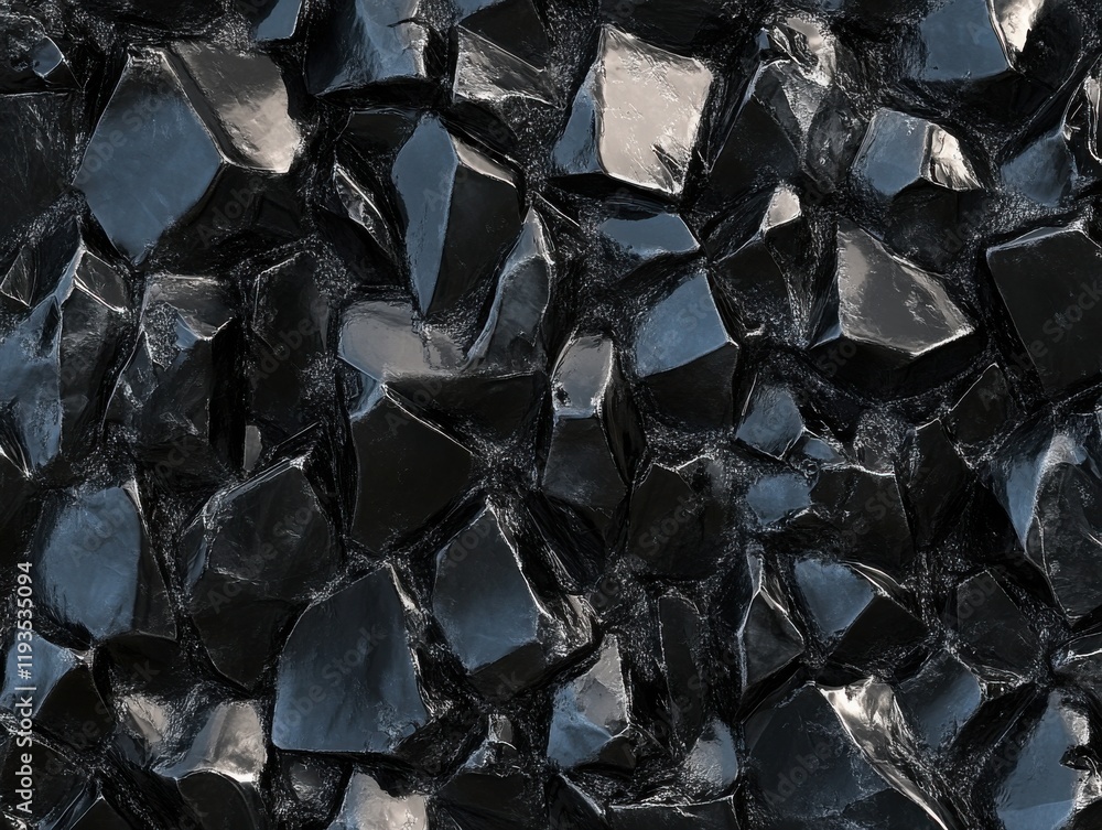 Varied textures of shiny black obsidian stones arranged closely together in natural formation Varied textures of shiny black obsidian stones arranged closely together in natural formation