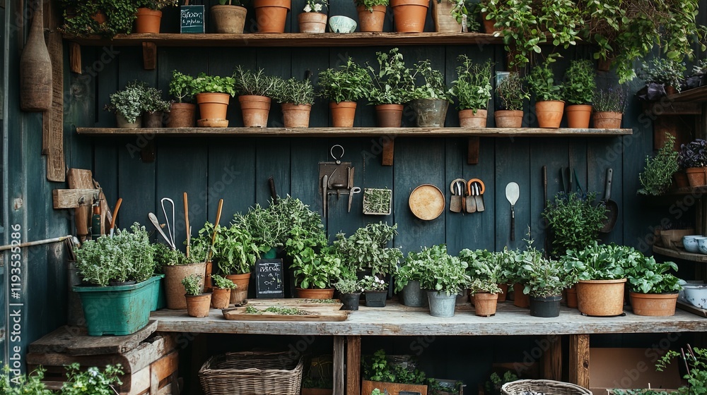 Fototapeta premium A rustic market stall filled with fresh herbs, potted plants, and gardening tools