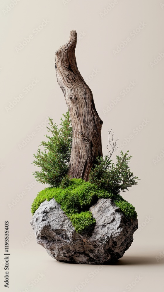 Moss-covered rock with driftwood and lush greenery creating a serene natural display Moss-covered rock with driftwood and lush greenery creating a serene natural display