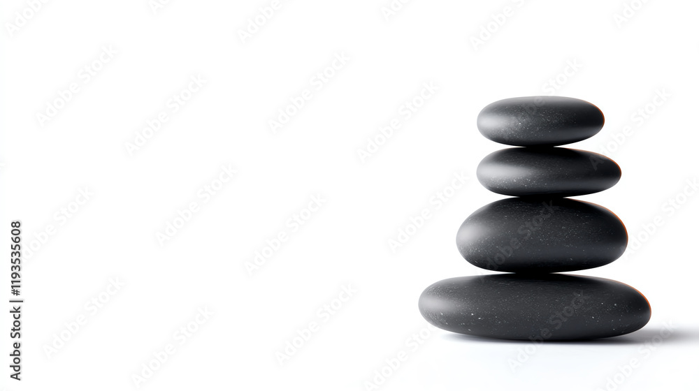 A serene stack of smooth black stones symbolizes balance and tranquility against a minimalistic white background. A serene stack of smooth black stones symbolizes balance and tranquility against a minimalistic white background.