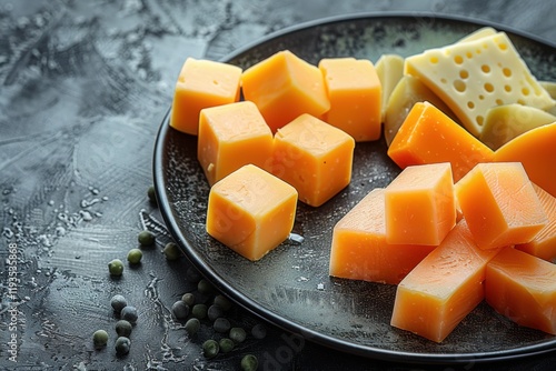 Cheese platter with cubes and slices of orange and yellow cheese on a dark plate, perfect for entertaining guests at gatherings or parties photo