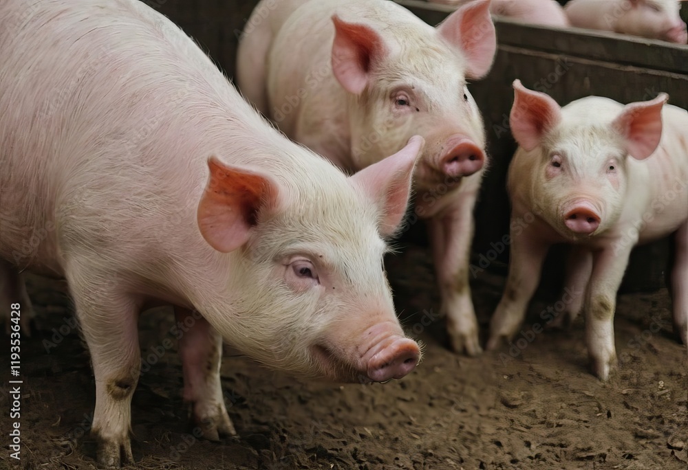 Three little pigs are standing in the dirt and gazing at the camera Three little pigs are standing in the dirt and gazing at the camera