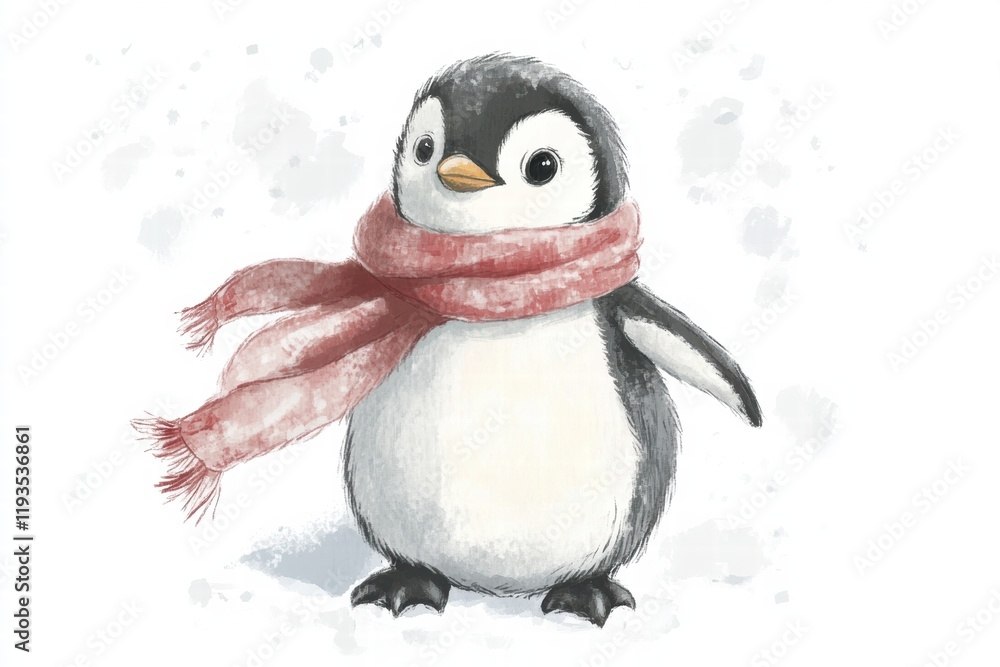 Fototapeta premium Cute illustrated penguin wearing a cozy scarf in a snowy winter setting with a joyful and playful demeanor. Generative AI