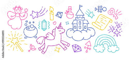 Crayon pencil drawings of magic and princess concept. Kids doodle icons of fairy, unicorn, magic wand, castle and rainbow. Fantasy icons drawn with color crayon pencil, vector illustration