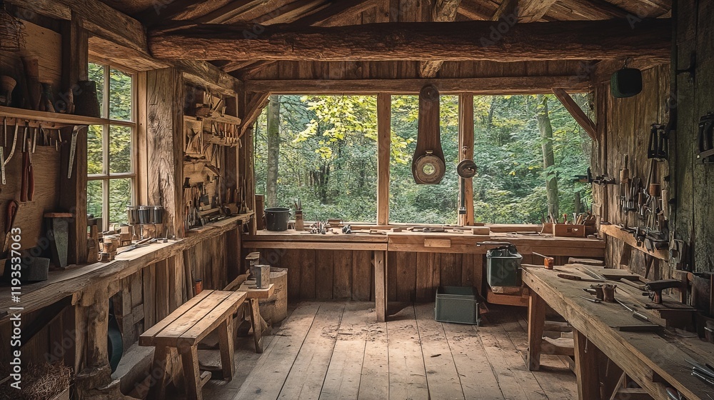 A rustic open-air workshop with wooden benches, tools, and a view of the forest A rustic open-air workshop with wooden benches, tools, and a view of the forest