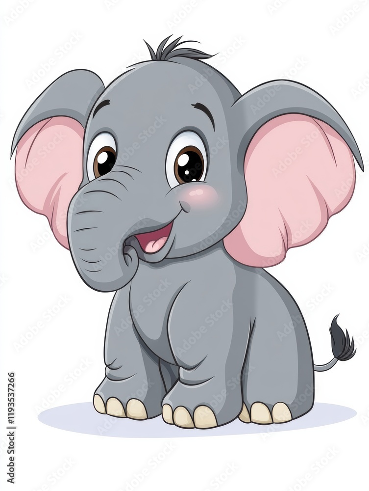 Fototapeta premium Cute cartoon elephant sitting happily with a big smile and expressive eyes, showcasing its adorable features. Generative AI