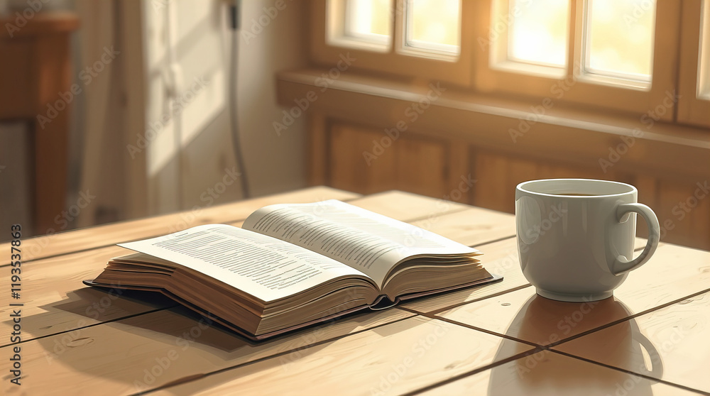 Naklejka premium Open book and next to a cup of coffee on a wooden table by the window
