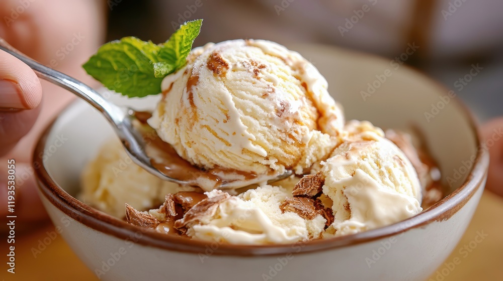 Vanilla ice cream with chocolate flakes and mint garnish. Vanilla ice cream with chocolate flakes and mint garnish.
