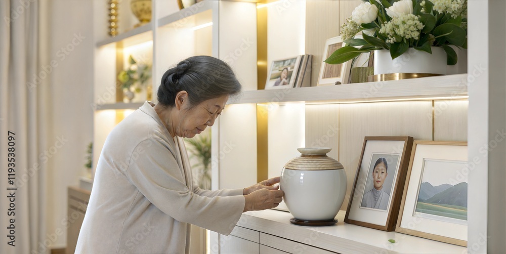Emotional Moment of Elderly Asian Woman Placing Memorial Urn in Modern Home Emotional Moment of Elderly Asian Woman Placing Memorial Urn in Modern Home